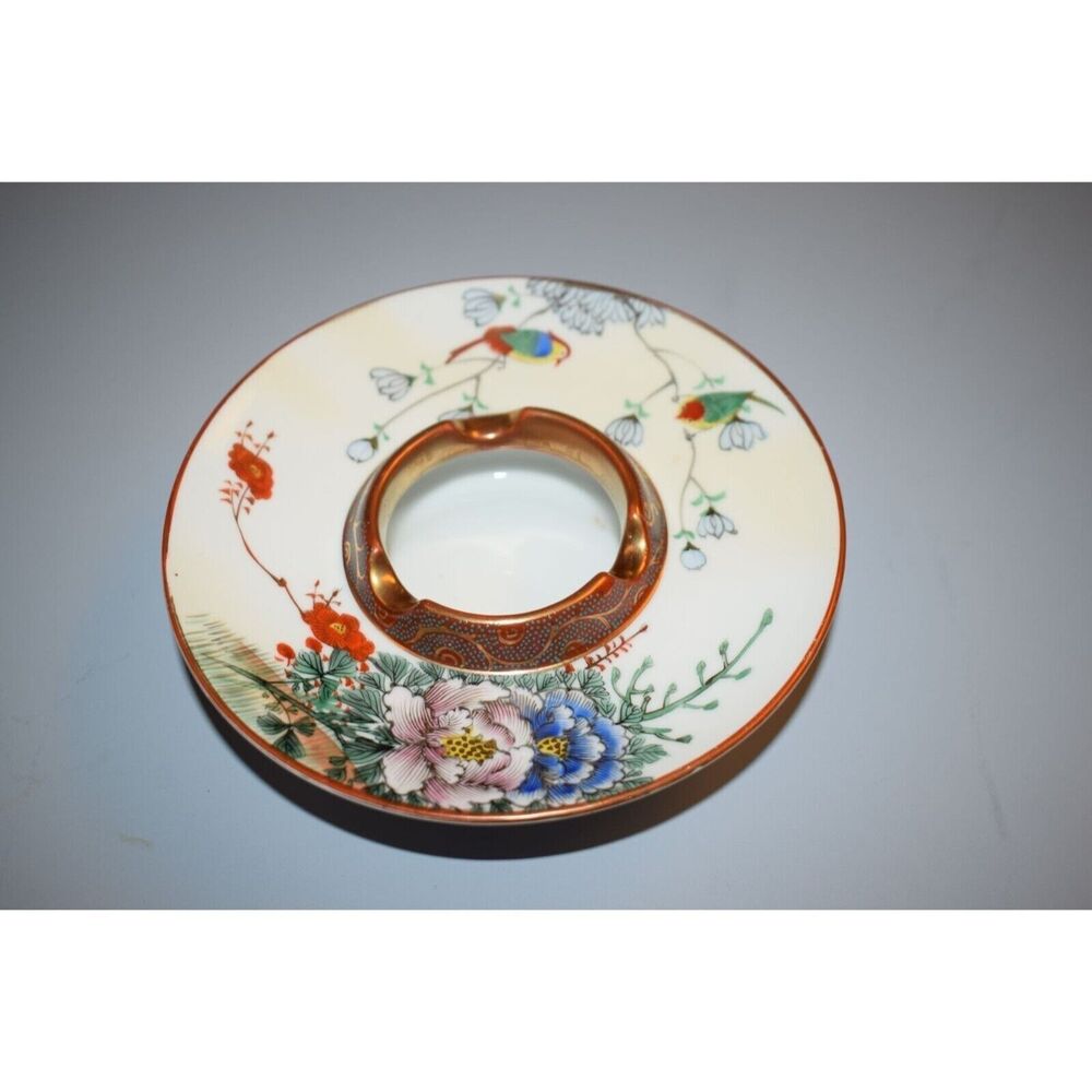 Vintage Hand Painted Cloisonne Parrot/Floral Ashtray 6 Inch by 2 1/4 Round
